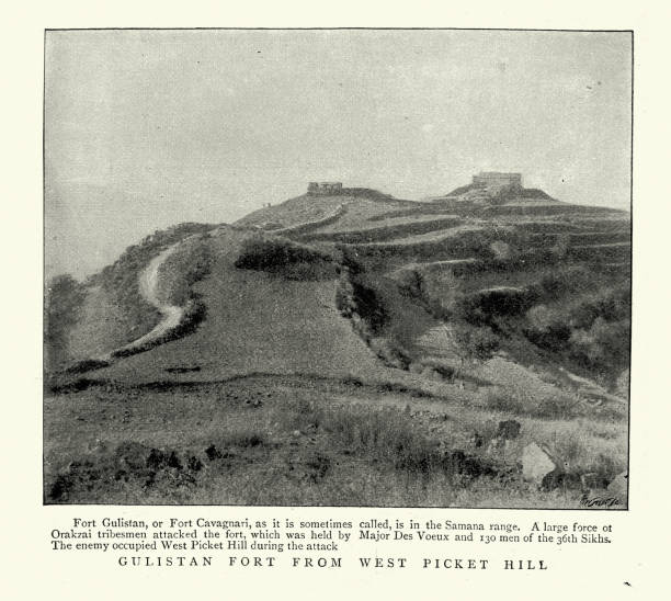 Vintage illustration after a photograph of Fort Gulistan, Tirah, North-West Frontier Province, British India, 1890s, 19th Century. It was attack during the Battle of Saragarhi was a last-stand battle fought before the Tirah Campaign between the British Raj and Afghan tribesmen. 12 September 1897
